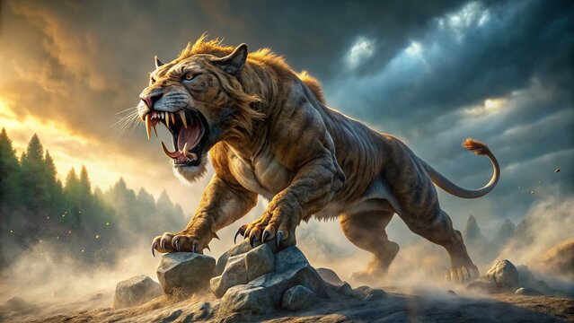 Prehistoric Saber-Toothed Cat Leaping from Mist - 3D Rendered Documentary Style Stock Photo