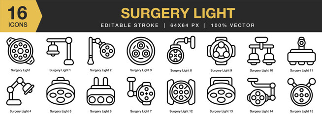 Surgery Light icon set. Editable Stroke Icon Collection. Includes Dentistry, Lamp, Lighting, Light, Surgery, Tool, Equipment, and More. Outline icons vector collection.