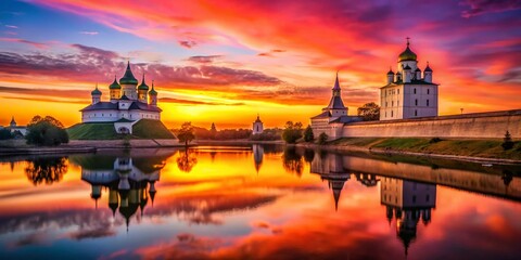 Naklejka premium Pskov City Silhouette at Sunset, Russia - Dramatic Cityscape Photography