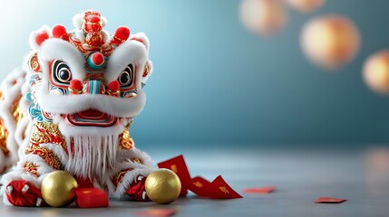 Obraz premium Vibrant and colorful lion dance costume displayed with golden ingots representing the celebratory cultural tradition and ritual of the Chinese New Year or other important festivals