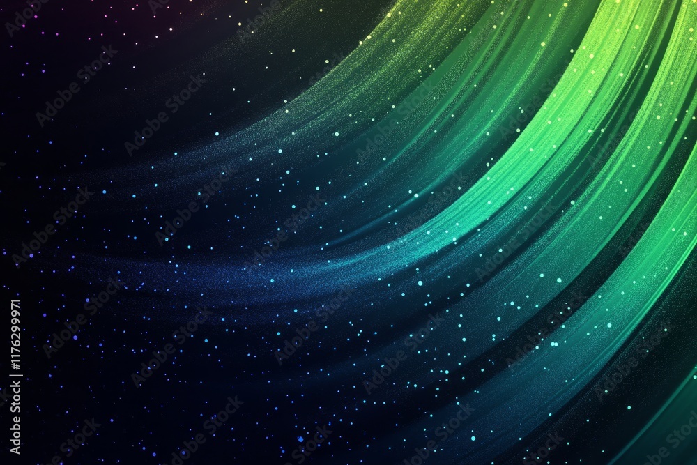 Aufkleber abstract green and blue swirling light streaks on dark background with sparkling particles.
