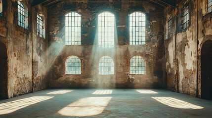 Fototapeta premium Sunlit Ruins A Derelict Industrial Building's Interior