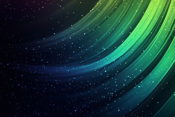 Abstract green and blue swirling light streaks on dark background with sparkling particles.
