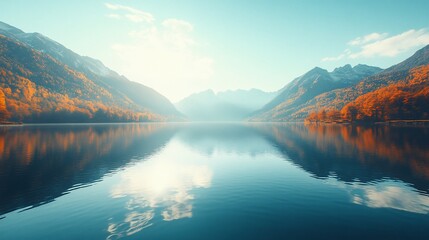 Calm autumn lake reflecting colorful mountains and sky.