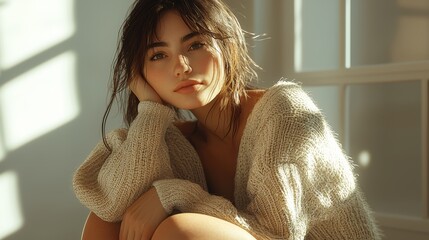 Serene Woman in Knitwear Basking in Sunlight