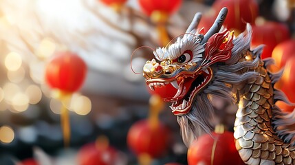 Vibrant and dynamic dragon dancers performing a traditional ceremonial dance in harmony under a sea of festive red lanterns