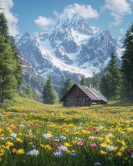 Fototapeta premium A cabin is nestled in a field of wildflowers, with a mountain in the background