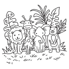 group of cute cartoon animals in the jungle