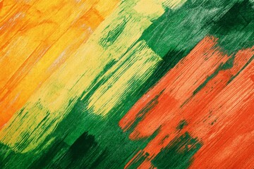 Abstract diagonal stripes of orange, yellow, green, and red paint.