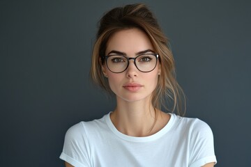 Fototapeta premium Young woman wearing glasses, simple white shirt. Ideal for websites, blogs, or articles about fashion, eyewear, or women's style.