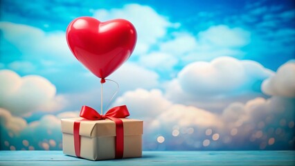 Red Heart Balloon Lifting Gift Box, Blue Sky, Paper Clouds - Stock Photo