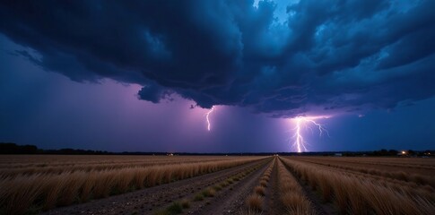 A sudden storm hits a dry field with lightning illuminating the darkened sky and thunder booming in the distance, stormy, landscape