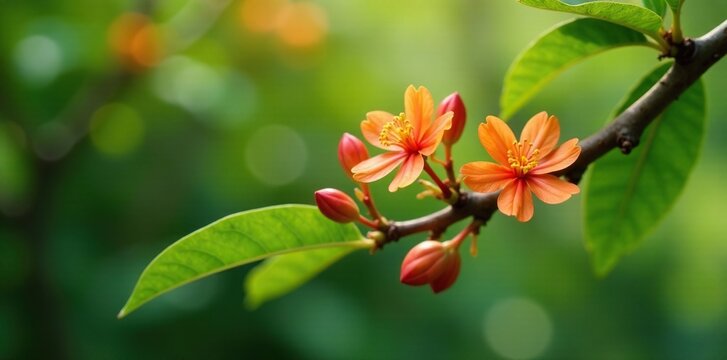Delicate Padauk flower buds unfolding on tree branches, flowers, tropical, greenery