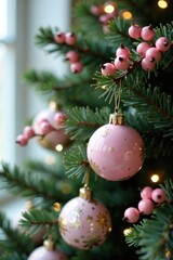 Pastel pink berries adorn Christmas tree branches, holiday decorations, pastel pink berries, ornaments