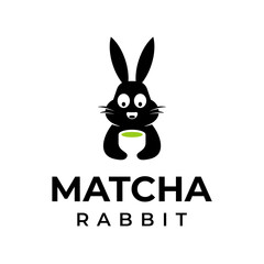 Rabbit Holding Glass Cup of Matcha Drink Logo