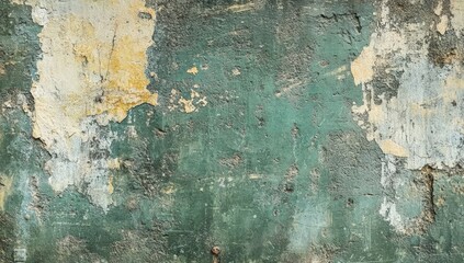 Weathered teal wall texture with peeling paint.