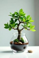 A miniature bonsai in a glass vase on a sleek white surface with a few surrounding pebbles, vase, paired, small