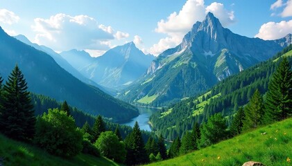Fototapeta premium Lush green forests and towering mountain peaks, nature, scenery, foliage