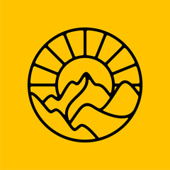 Mountain Hill Valley with Sun Line Art Logo Design