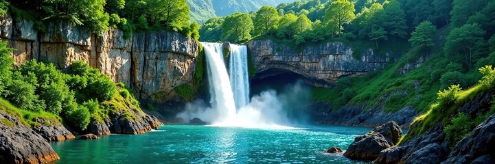 Fototapeta premium Waterfall on a rocky cliff with teal green background and lush vegetation, cliff, landscape