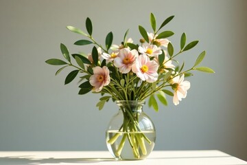 Fototapeta premium Olive branch bouquet in a delicate glass vase under dimmable soft light, flower arrangement, natural