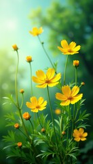 Fototapeta premium Yellow cosmos flowers swaying in the wind amidst lush green foliage, branches, wind