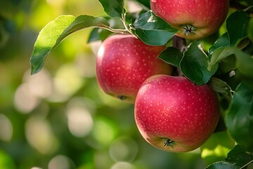 Close-up of ripe red apples growing on a tree branch in an orchard, bathed in sunlight