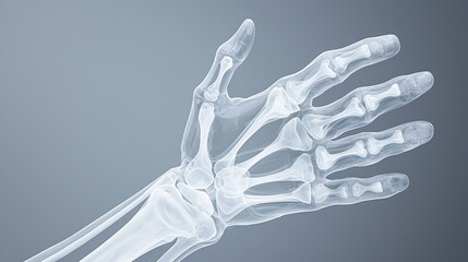 A detailed x-ray image of a human hand, showcasing the bones and joints clearly against a subtle gray background.