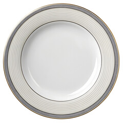 Top view of Empty white ceramic plate with gray edge stripe, isolated on a transparent background