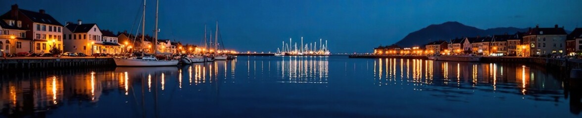 Fototapeta premium Quiet nighttime reflections on the harbor's surface, waves, reflection