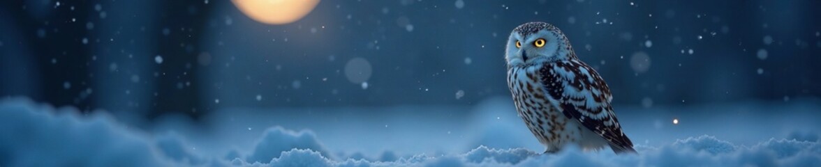 Fototapeta premium Soft moonlight illuminates an owl's gentle gaze on a snowy surface, winter, owls