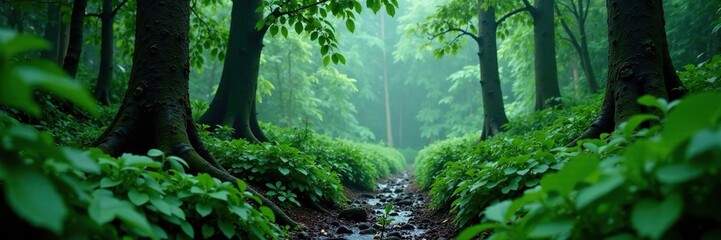 Fototapeta premium Rain-soaked tree trunks and branches in a dense monsoon rainforest, greenery, rainforest, monsoon
