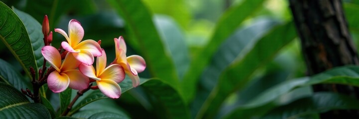 Aromatic frangipani in bloom amidst dense foliage, greenery, tropical plants, branches