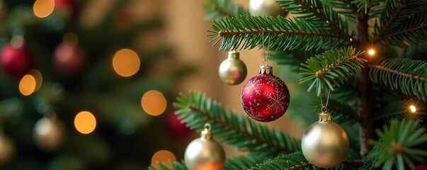 Tree adorned with small ornaments in soft focus, wooden, festive