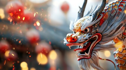 Vibrant dragon dancers weaving and twirling through a dazzling display of glowing red firecrackers during a lively and colorful cultural or festival