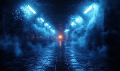 A dimly lit corridor with blue lighting and fog, creating a mysterious atmosphere.