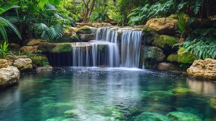 Serene Waterfall Cascading into a Crystal Clear Pool Surrounded by Lush Tropical Foliage