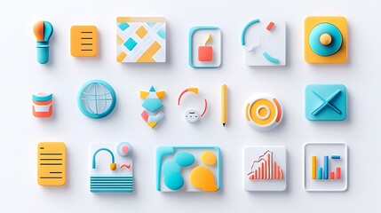 A clean layout of problem-solving icons with creative patterns and vibrant accents, arranged on a plain white backdrop. 