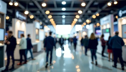 Blurred trade show, convention hall with people and lights,
