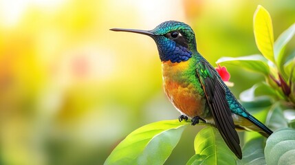 Fototapeta premium A vibrant hummingbird perched on green leaves, showcasing its colorful plumage against a blurred background.
