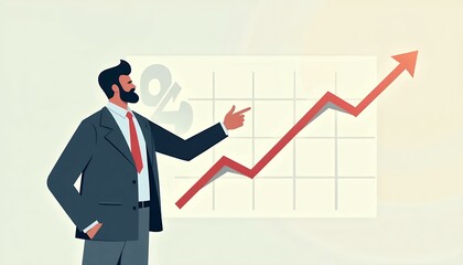 Business growth chart presentation, Businessman points to a rising red arrow,
