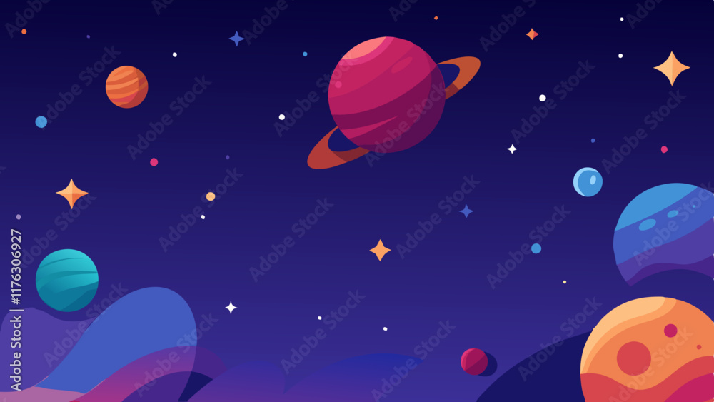 Wall mural whimsical and colorful celestial pattern with planets and starry details.