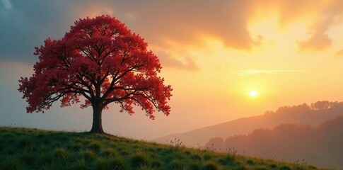 Foliage of dry linden tree against a misty dawn sky, dry linden, tree leaves
