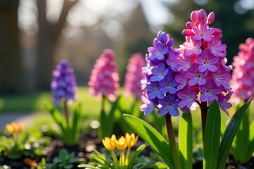 Obraz premium Hyacinth flowers and foliage against bare tree, flower, natural, bare