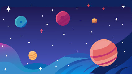 Dynamic pattern with planets, stars, and galactic textures in a playful style.
