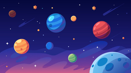 Naklejka premium Cosmic seamless pattern of planets and stars in a whimsical design. 