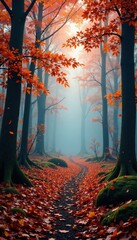 Fototapeta premium Autumn forest landscape with misty atmosphere, autumn, trees