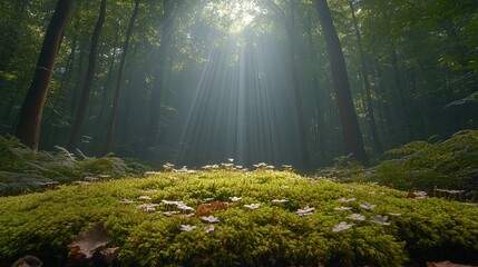 Obraz premium A serene forest scene with sunlight filtering through trees, illuminating a mossy ground.
