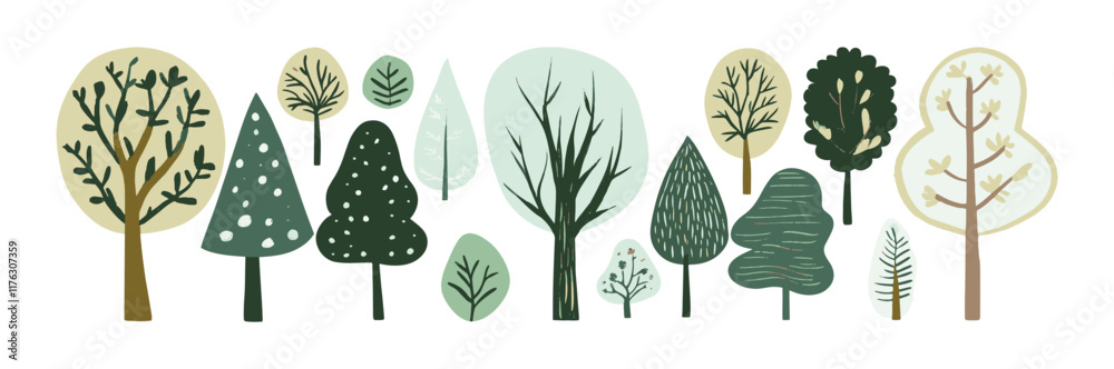 Wall mural set of tree and leaf collection hand drawn flat design vector element. botanical set of bare trees a