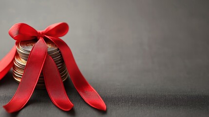 A visually appealing arrangement of coins topped with a vibrant red bow against a dark background. Perfect for concepts related to finance, savings, and special occasions.